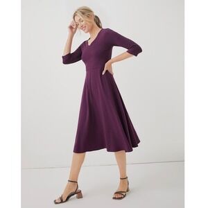 Pact Organic Cotton Fit and Flare V-Neck Midi Dress Plum Purple 3/4 Sleeve